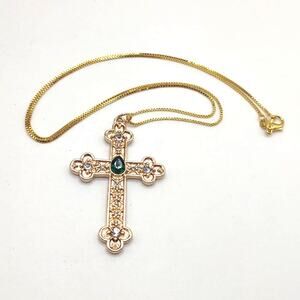 18k Gold Plated Necklace W/ Cross Green Gemstones Christian Birthday Gift NEW